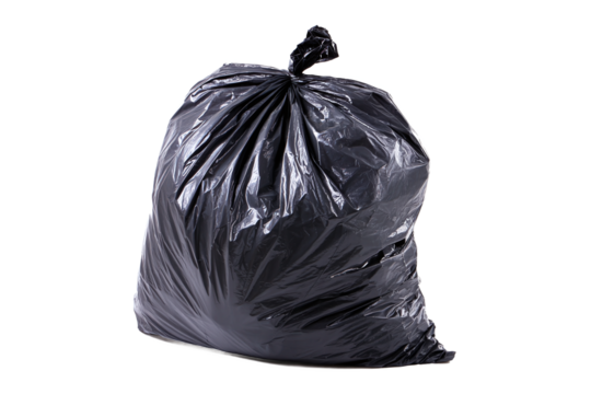 Full Black Garbage Bag Tied, Isolated on White Transparent Background