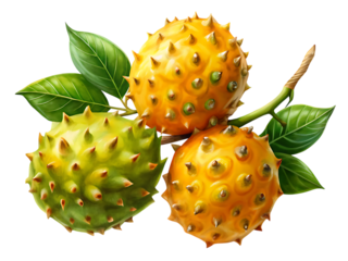 Three kiwano melons with leaves, green and yellow, isolated on transparent background exotic fruit