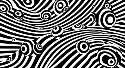 Abstract black and white striped spheres and wavy lines creating optical illusion © Design