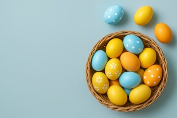 Colorful Easter eggs in a woven basket with blue, yellow, and orange shades on a pastel background. Minimalist holiday celebration concept. Ai generative