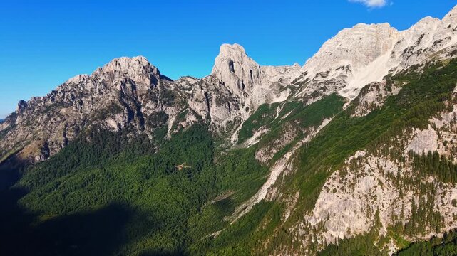 Scenic drone video of the majestic Albanian Accursed Alps from Valbona Valley, Albania, Europe	