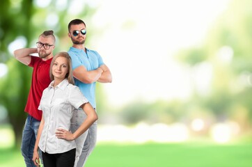 Obraz premium Happy cheerful friends young men walk outdoor
