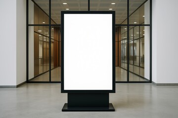 Blank advertising billboard in modern office hallway with glass walls and bright lighting, ideal for business promotion or corporate branding display. Ai generative