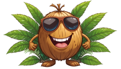 Happy coconut character with sunglasses and leaves isolated on transparent background