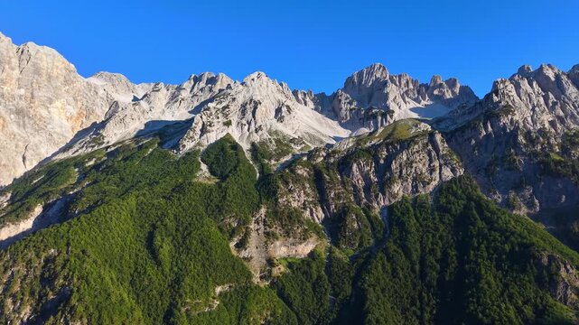 Scenic drone video of the majestic Albanian Accursed Alps from Valbona Valley, Albania, Europe	