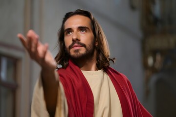 Man with long hair and beard wearing a red robe reaching out with his hand in a church setting