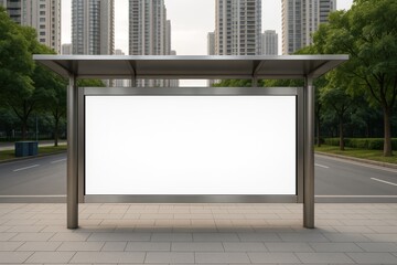 Obraz premium Blank advertising billboard at a modern bus stop on urban street with tall buildings and trees in background, clean empty space for outdoor promotion concept. Ai generative