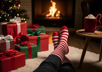 Cozy christmas scene with fireplace presents and festive socks for holiday cheer
