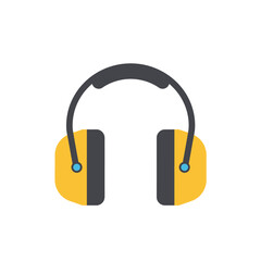 Industrial hearing protection earmuffs, essential personal protective equipment for workplace safety against loud noise, flat vector illustration.