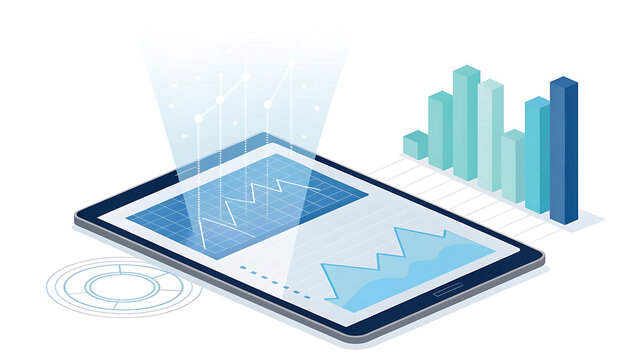 Modern digital tablet displaying financial charts and graphs with bar chart data visualization