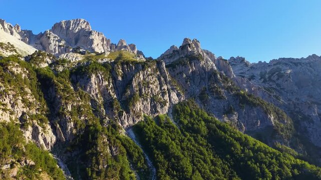 Scenic drone video of the majestic Albanian Accursed Alps from Valbona Valley, Albania, Europe	