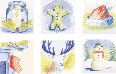 Christmas hand drawn illustration set with candle jar, gingerbread cookie, Santa hat, stocking, reindeer and snowman, festive winter pencil sketch design for New Year cards, posters and holiday decora