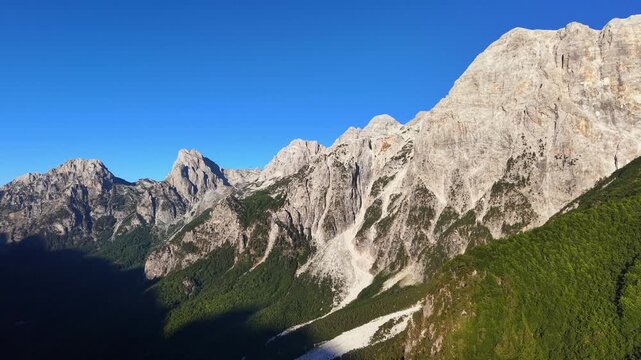 Scenic drone video of the majestic Albanian Accursed Alps from Valbona Valley, Albania, Europe	