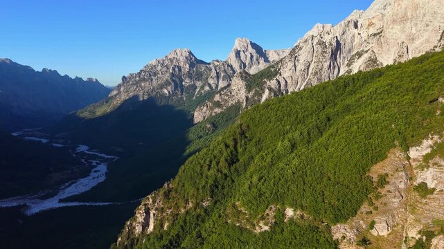 Scenic drone video of the majestic Albanian Accursed Alps from Valbona Valley, Albania, Europe