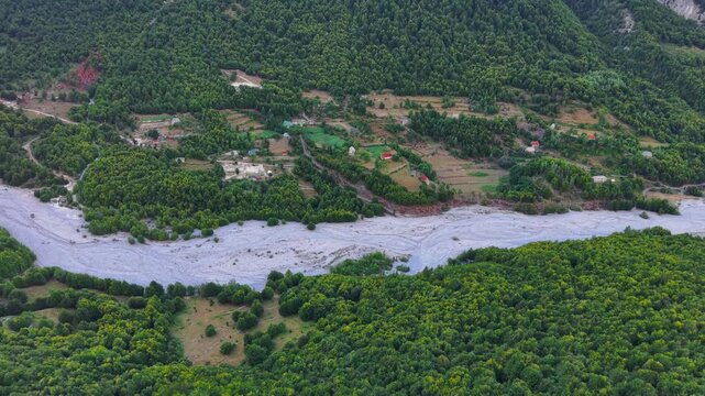 Scenic drone video of the majestic Albanian Accursed Alps from Valbona Valley, Albania, Europe	