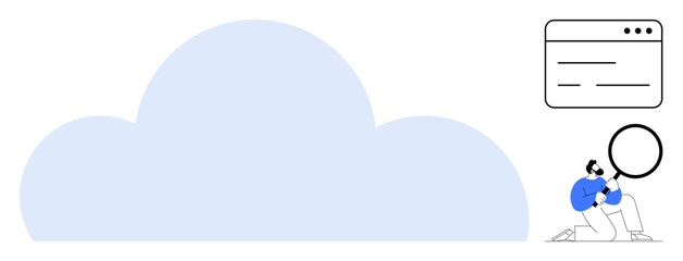 Large blue cloud, browser window and person analyzing with magnifying glass. Ideal for data analysis, cloud computing, research, technology, storage solutions, innovation, simple flat metaphor