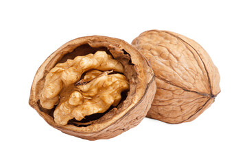 Cracked and Whole Walnuts, Kernel and Shell, isolated on white transparent background