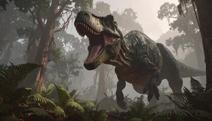 Prehistoric beast in misty forest