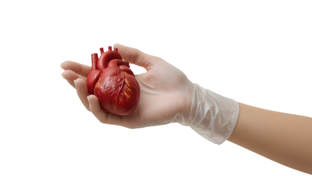 The Human Heart in Hand: An anatomical model of the human heart, tenderly cradled in a gloved hand, poised against a bright, clean backdrop. It's a visual metaphor for life, healthcare.