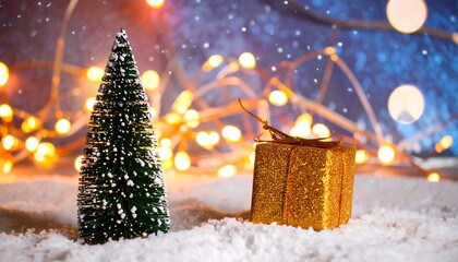 Festive Christmas scene with a miniature Christmas tree and gift