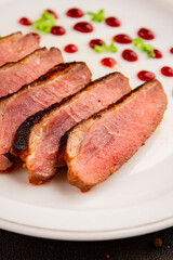 Duck breast roast poultry fresh natural product tasty snack delicious gourmet food background on the table rustic top view copy space