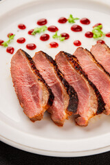 Duck breast roast poultry fresh natural product tasty snack delicious gourmet food background on the table rustic top view copy space