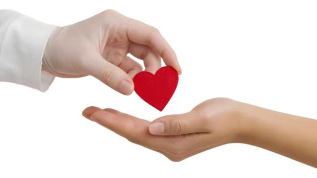 Sharing of Compassion: A symbolic representation of empathy and care, a hand tenderly offers a bright red heart to another, embodying generosity. The scene is an invitation to reflect on giving.