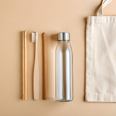 Sustainable living essentials arranged for conscious consumers: bamboo cutlery, toothbrush, glass water bottle, and reusable tote bag for eco-friendly lifestyles