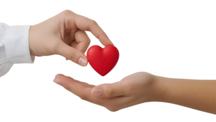 Handing Over Heart: A tender moment is captured as one hand gently offers a vibrant, red heart to another, symbolizing love, care, and compassion.