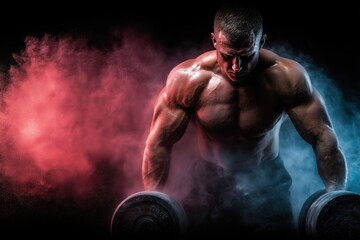 Muscular man performing dumbbell exercise surrounded by red and blue powder bursts.