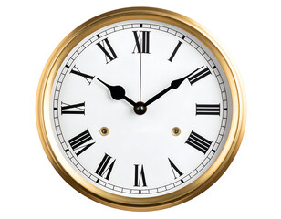 A classic round wall clock with Roman numerals and a gold frame, showcasing timeless elegance and functionality.