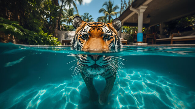 tiger swimming underwater in an outdoor oasis pool on vacation during his travels, ai generated