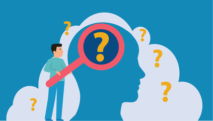 Doctor analyzing a human brain with a magnifying glass. Neurologist or scientist cartoon researching a neuronal network. Psychology, neuroscience, and mental health concept