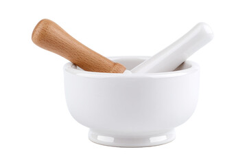 White ceramic mortar with wooden and ceramic pestles, isolated on white transparent background