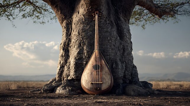 A stringed instrument leaning against a large tree in a dry landscape on a sunny day outdoors