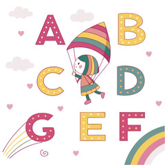 Adorable Cartoon Girl Parachuting with Colorful Alphabet Letters.