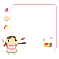 料理をするエプロン姿の女性　フレーム＋装飾付