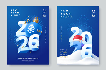 New Year 2026 posters with bold 3D numbers on blue background, decorated with Christmas ball, snowflake, Santa hat, fireworks, and festive elements. Ideal for party invitation and holiday promotions.