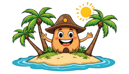 Cartoon character on a tropical island with palm trees isolated on transparent background