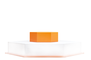 Orange and white hexagonal display stand podium, isolated on white transparent background