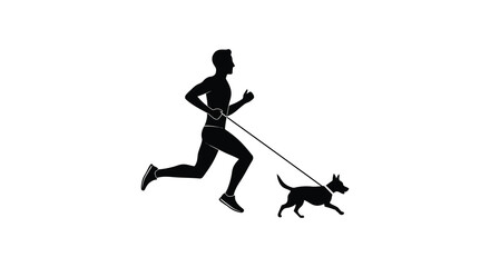 A silhouetted man running with his dog on a leash outdoors