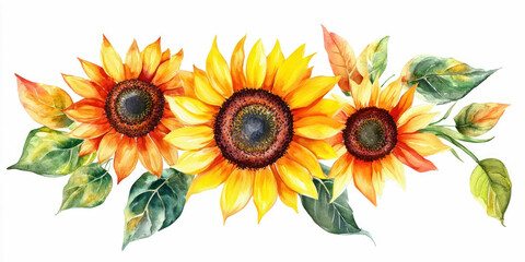 Vibrant watercolor illustration of three sunflowers with rich yellow petals and green leaves, showcasing natural beauty and artistic expression