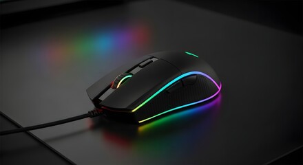 Illuminated gaming mouse on a dark surface with a colorful reflection on the table