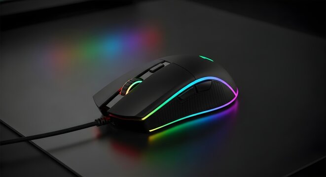 Illuminated gaming mouse on a dark surface with a colorful reflection on the table - Powered by Adobe