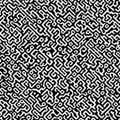 An intricate maze-like pattern of interconnected black and white shapes creating a complex visual texture.
