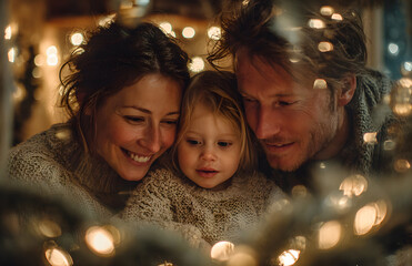happy family mother, father and child daughter decorate Christmas tree .