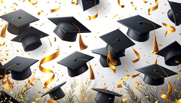 Graduation caps floating in the air with golden confetti
