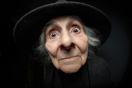 Funny close-up portrait of an old witch with shocked expression, seen through a door peephole viewer on black background. Ideal for Halloween humor, fantasy posters, costumes, and playful spooky art.