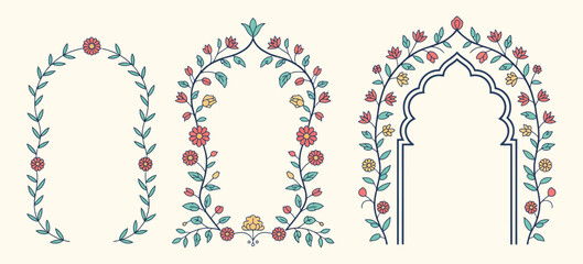 Mughal Style Ornamental Arch Featuring Vintage Intricate Floral and Foliage Motifs, Traditional Decorative Design Ideal for Cultural Art, Textile Patterns, Invitations, and Heritage Graphic Projects