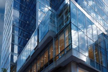 Obraz premium Modern architectural building features reflective glass and sharp angles under a cloudy sky in an urban setting